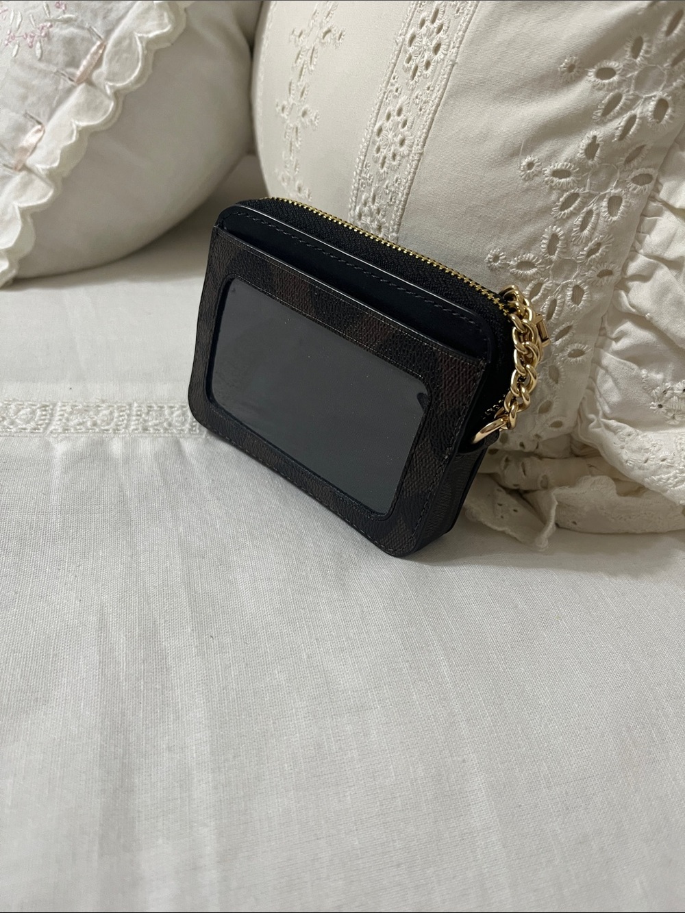 Coach Brown Signature Canvas Card Holder with Black Trim & Gold Chain - Picture 2 of 2